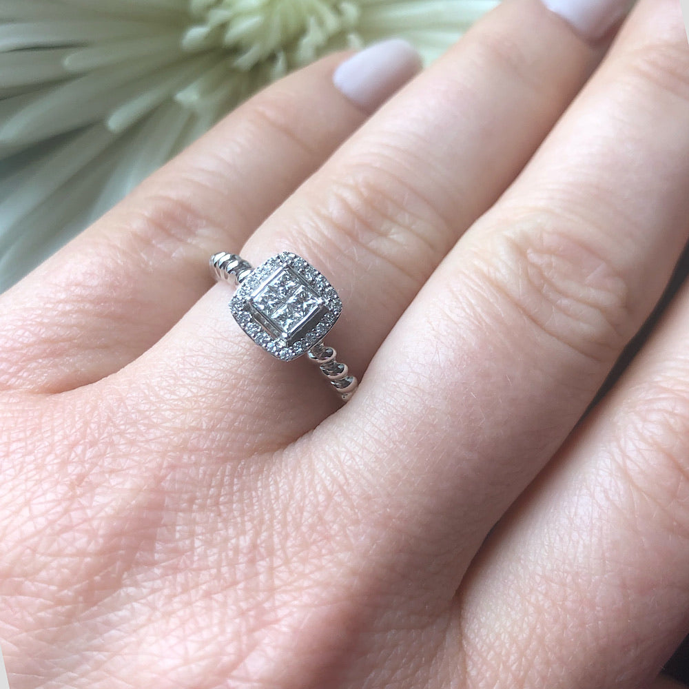 14Kt White Gold Twisted Band Diamond Engagement Ring