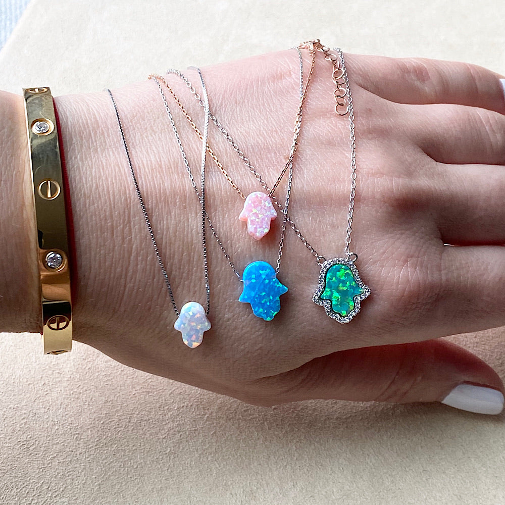 Pink Opal Hamsa Necklace With Rose Gold Plated Chain