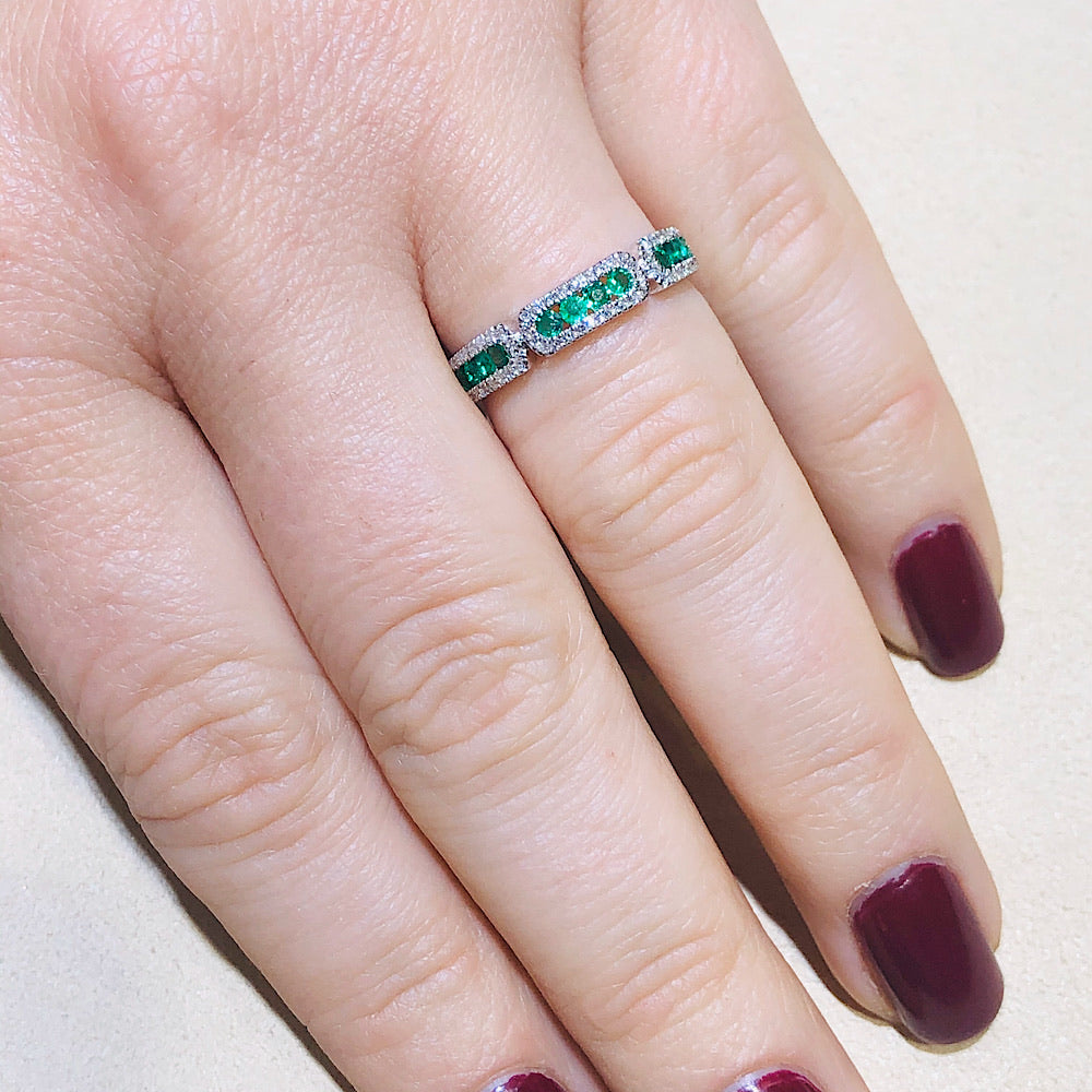 14Kt White Gold Emerald and Diamond Stackable Ring
