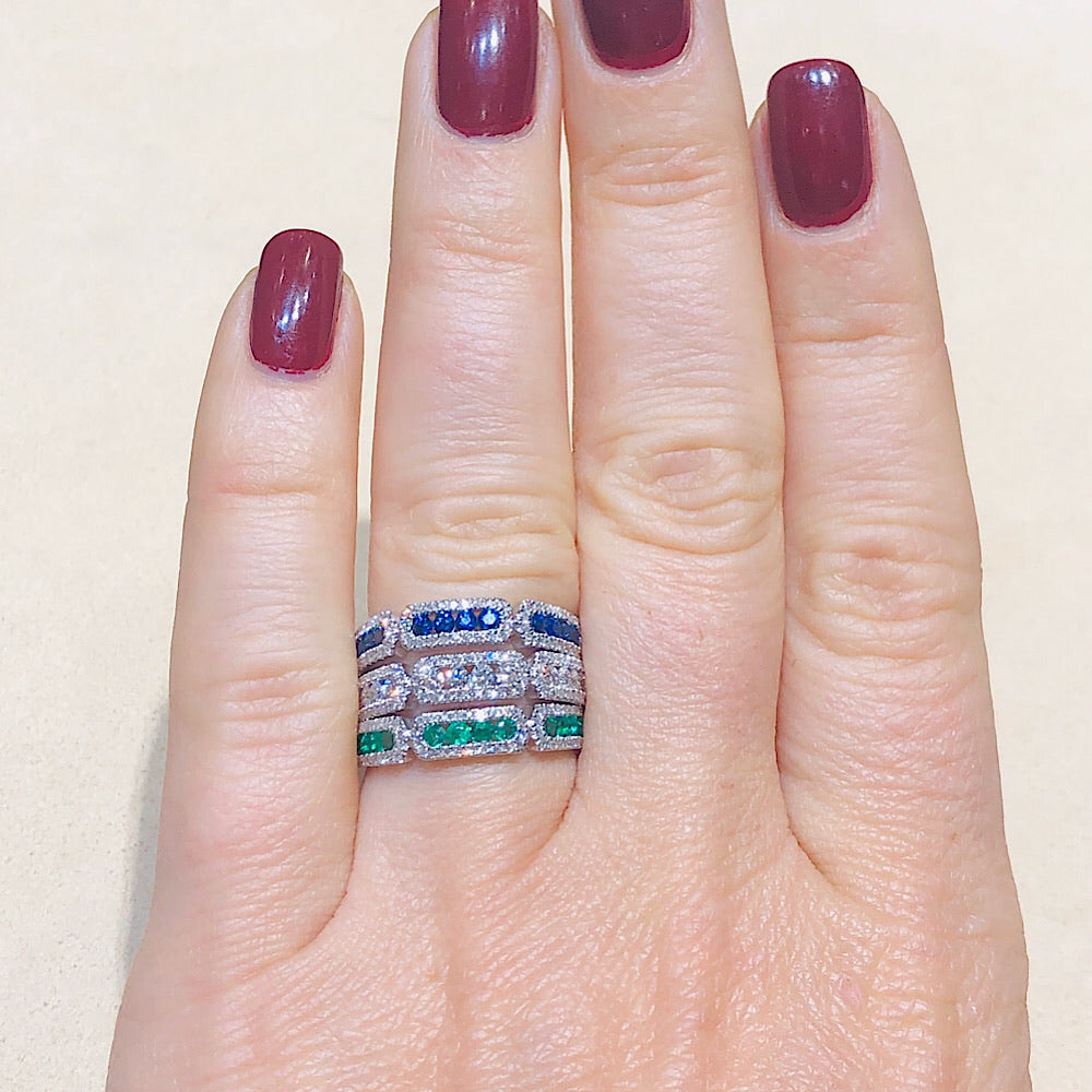 14Kt White Gold Emerald and Diamond Stackable Ring