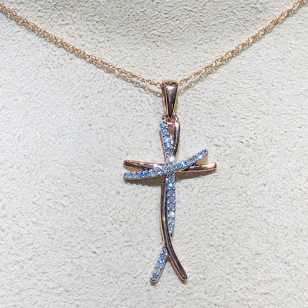 Two Tone Rose/White Gold and Diamond Cross Pendant