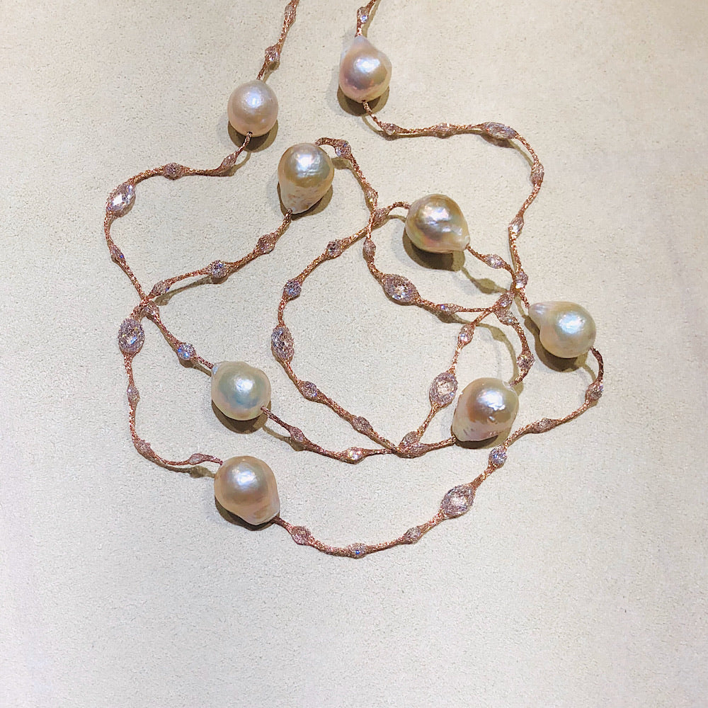 Micheletto Rose Gold Mesh Pearl Necklace 38”
