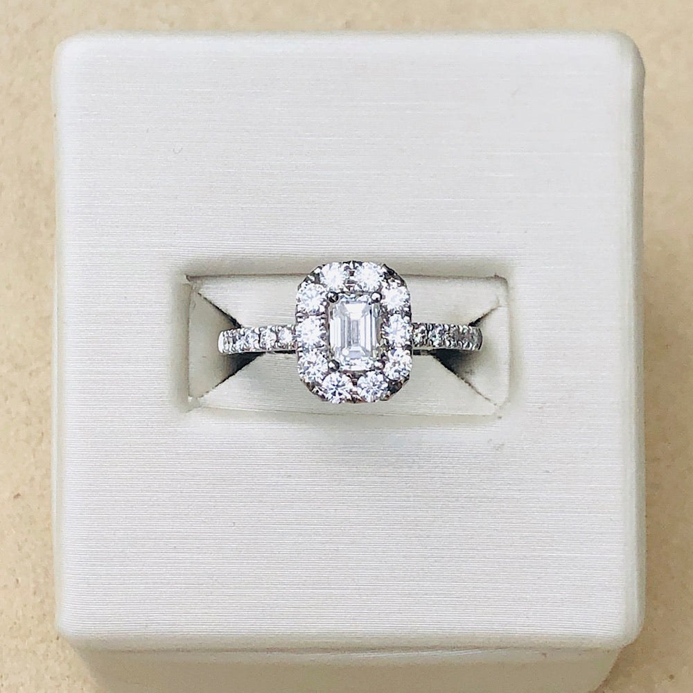14Kt White Gold Emerald Cut Halo Engagement Ring 1.08ctw
