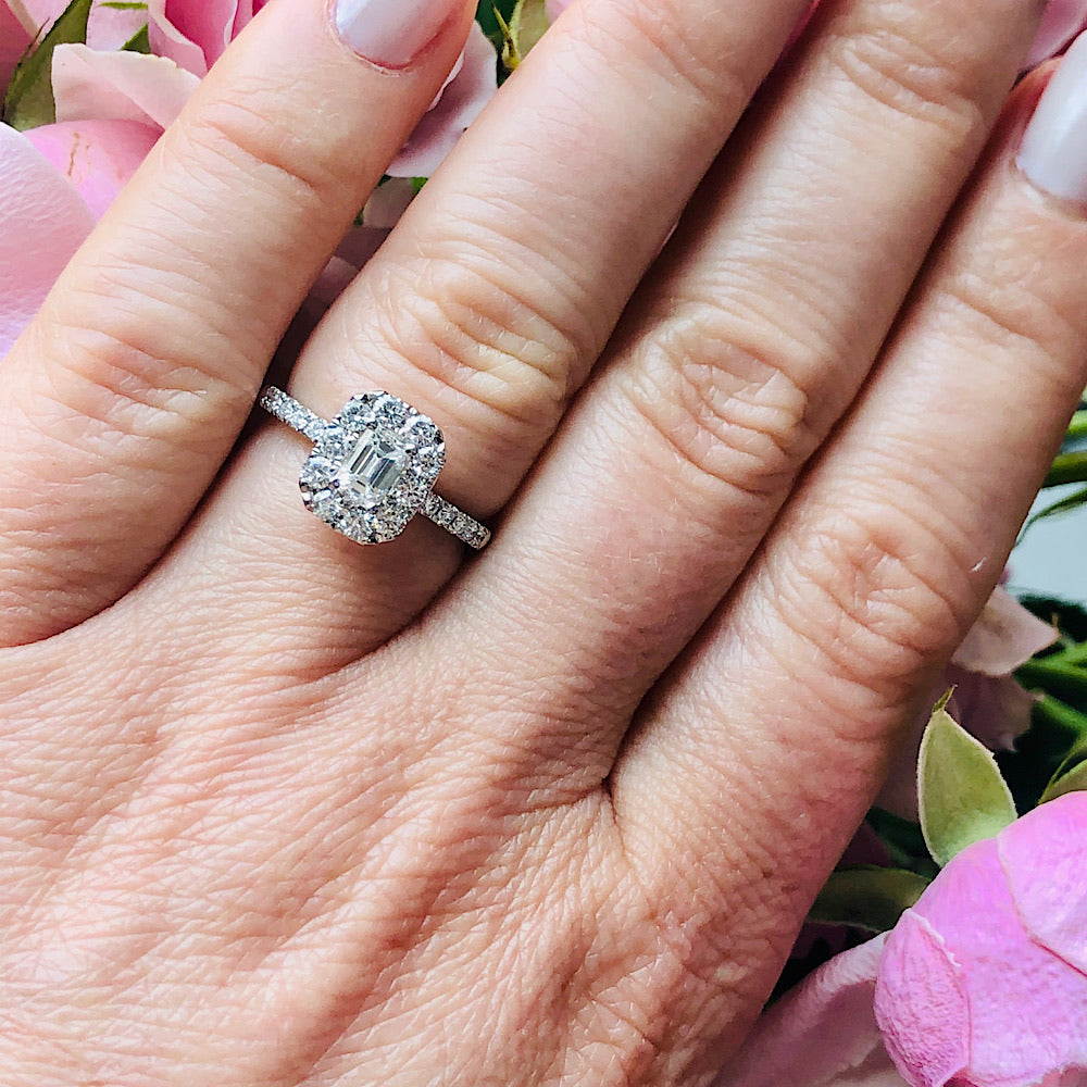 14Kt White Gold Emerald Cut Halo Engagement Ring 1.08ctw