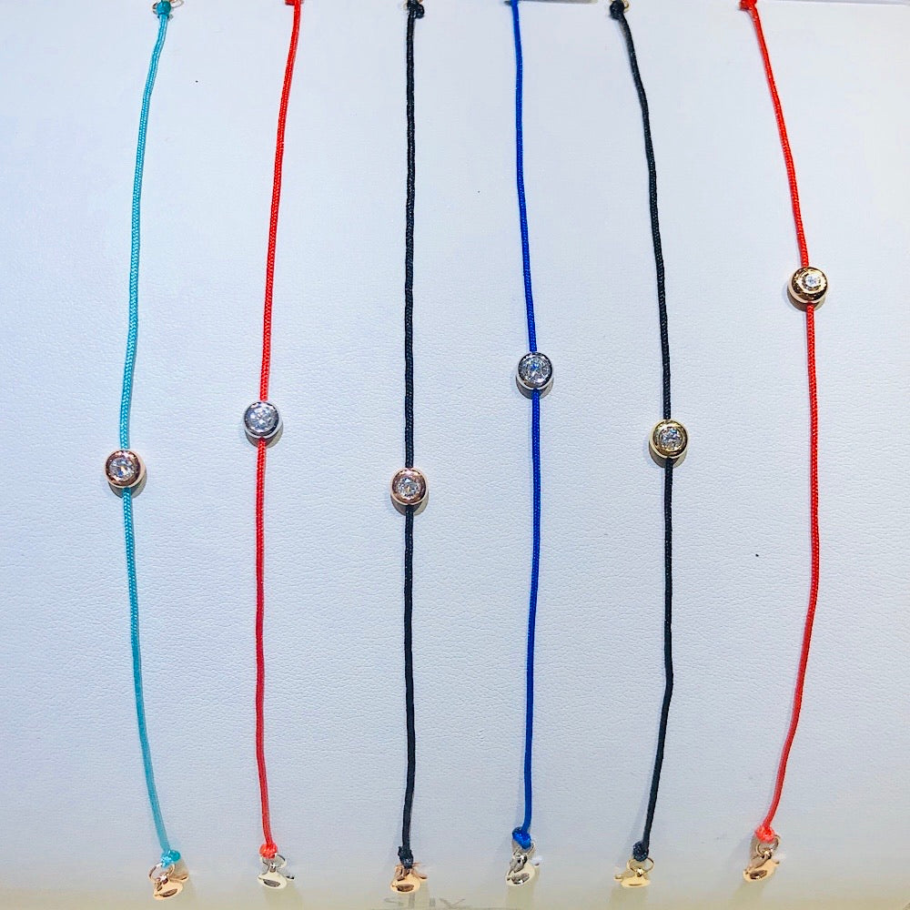 14kt gold Bezel Set Diamond Bracelet, Silk Cord