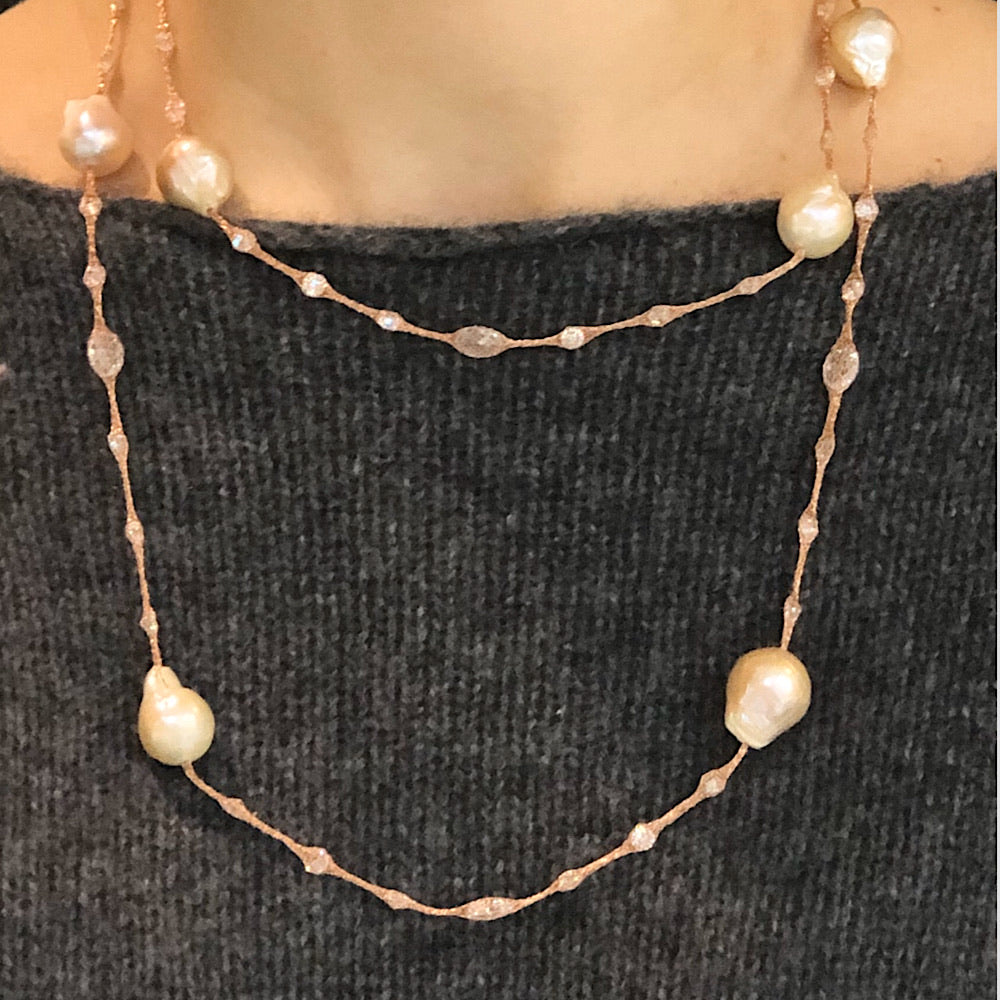 Micheletto Rose Gold Mesh Pearl Necklace 38”