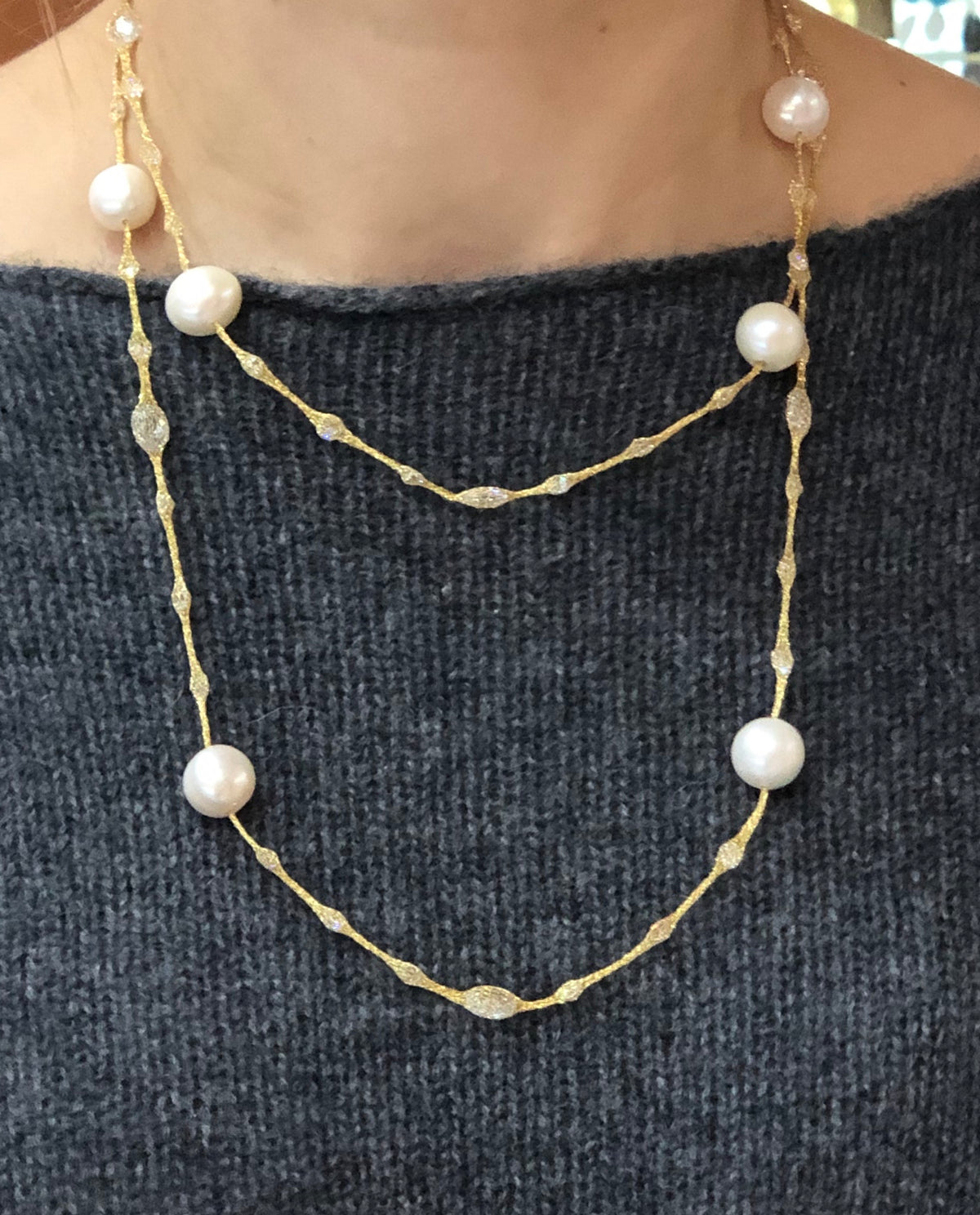 Micheletto Yellow Gold Mesh Pearl Necklace 38”