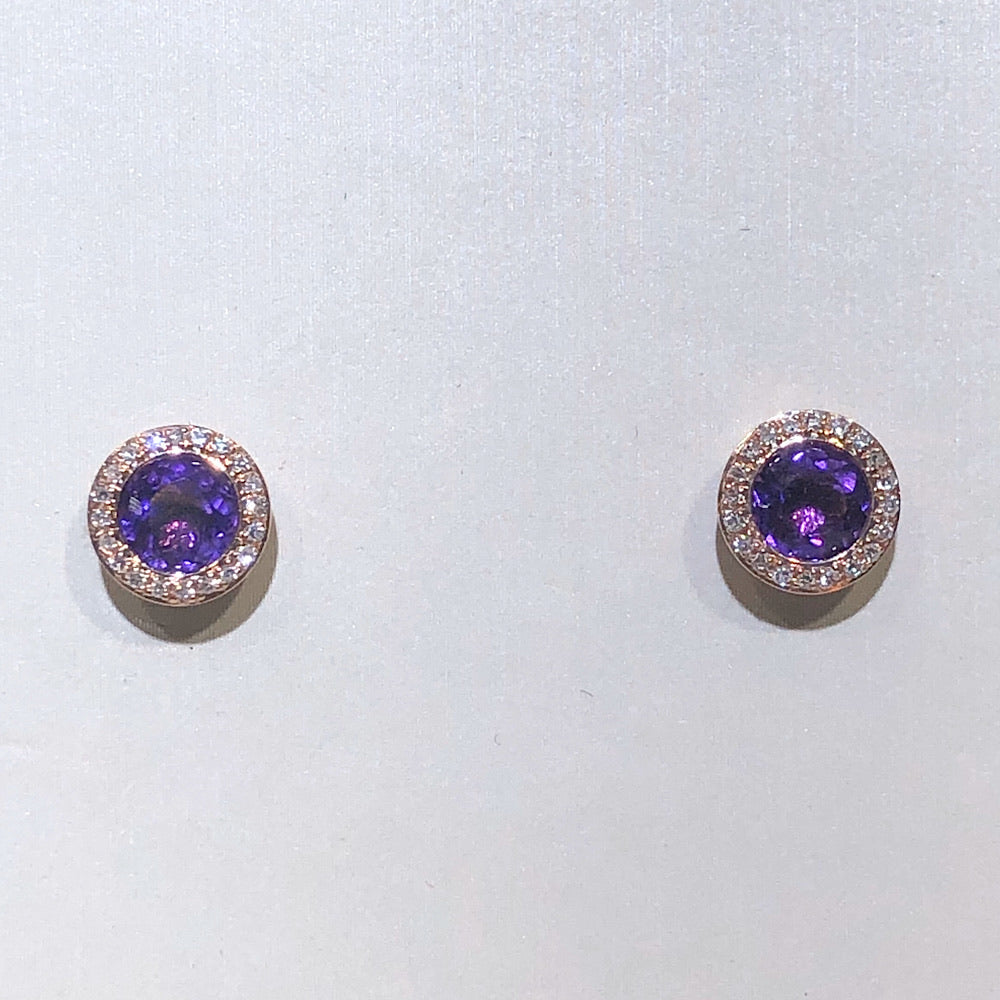 14Kt Rose Gold Amethyst and Diamond Stud Earrings