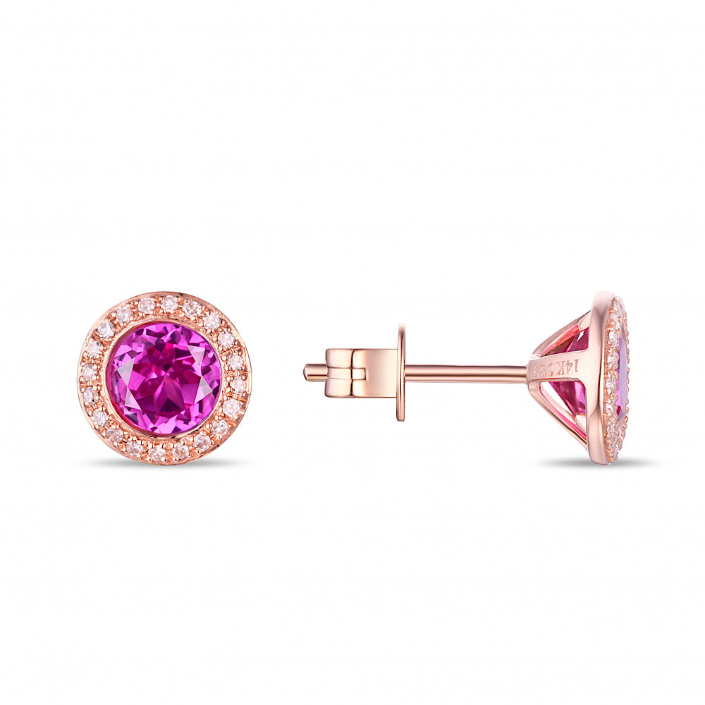 14Kt Rose Gold Pink Corundum and Diamond Studs