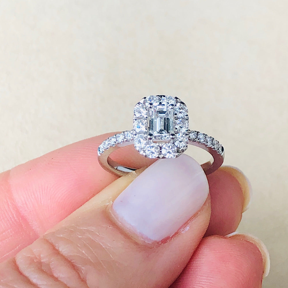 14Kt White Gold Emerald Cut Halo Engagement Ring 1.08ctw