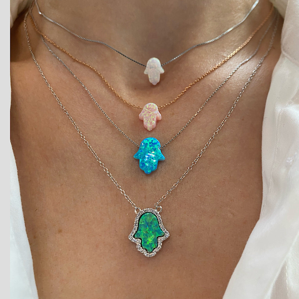 White Opal Hamsa Necklace with Silver Chain