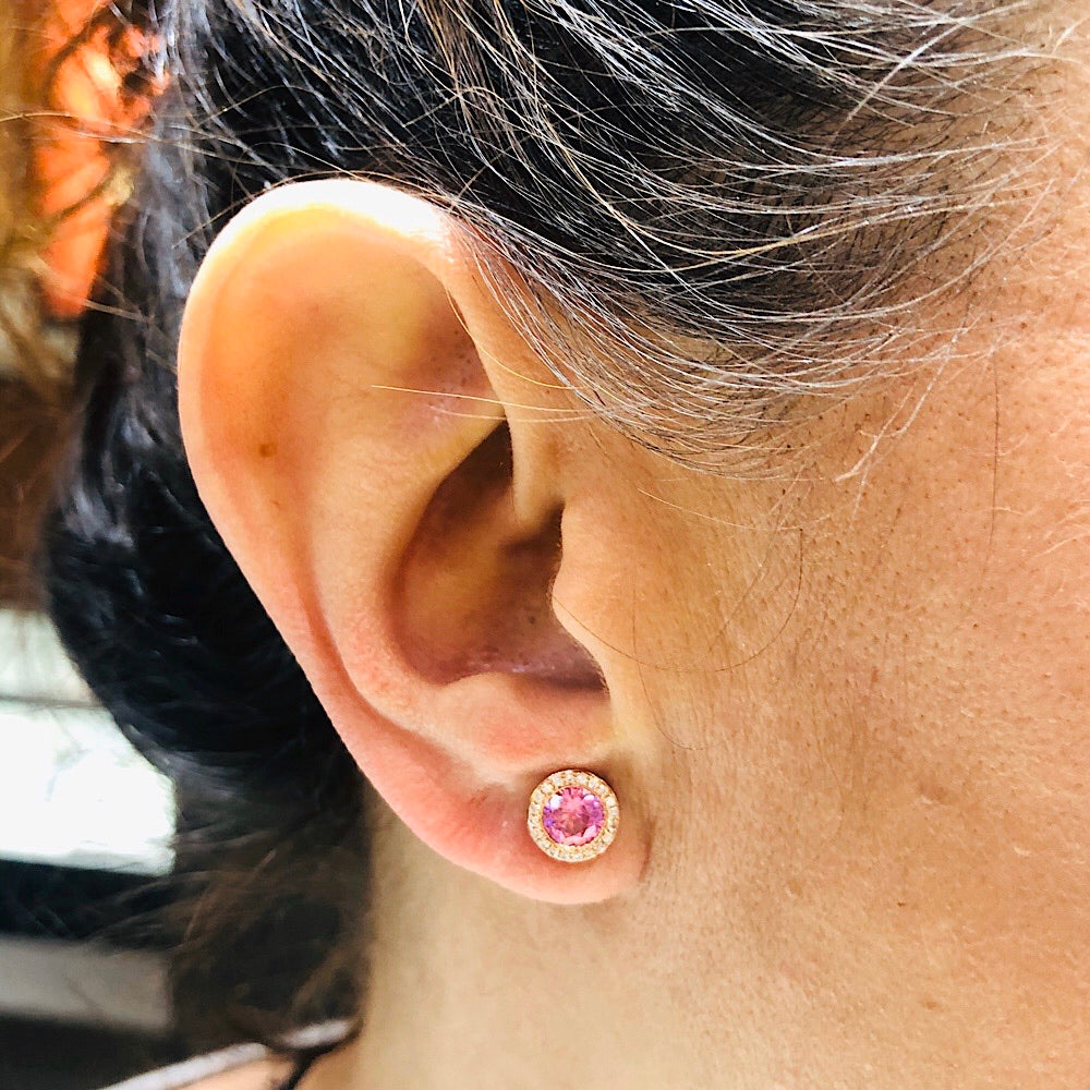14Kt Rose Gold Pink Corundum and Diamond Studs