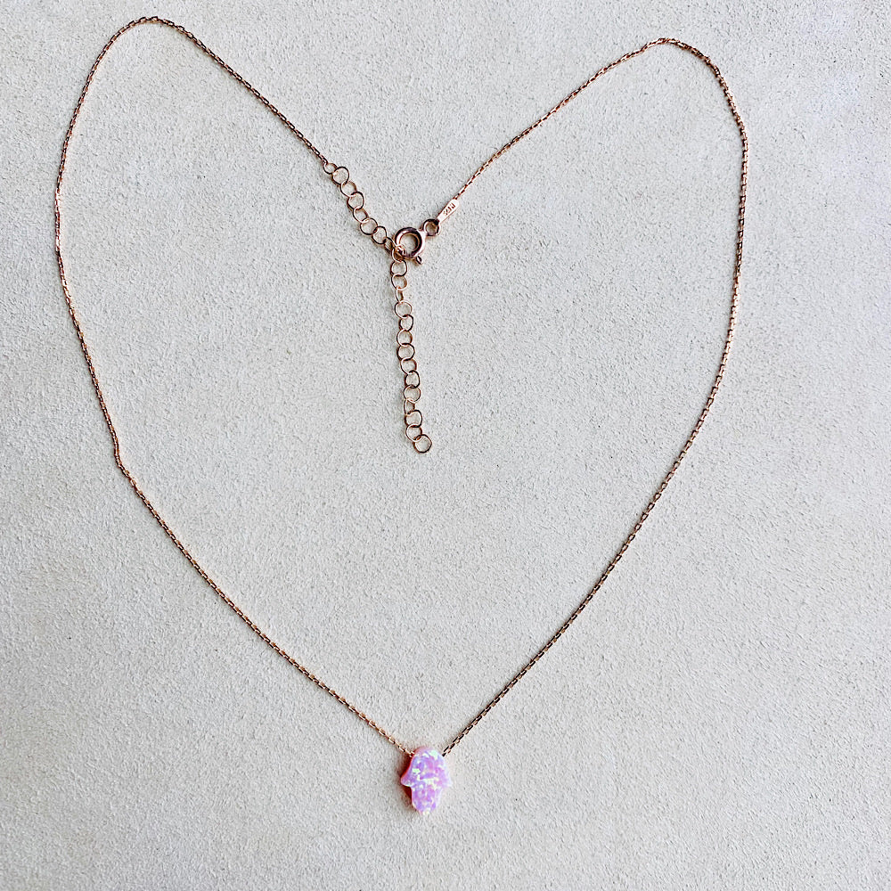 Pink Opal Hamsa Necklace With Rose Gold Plated Chain