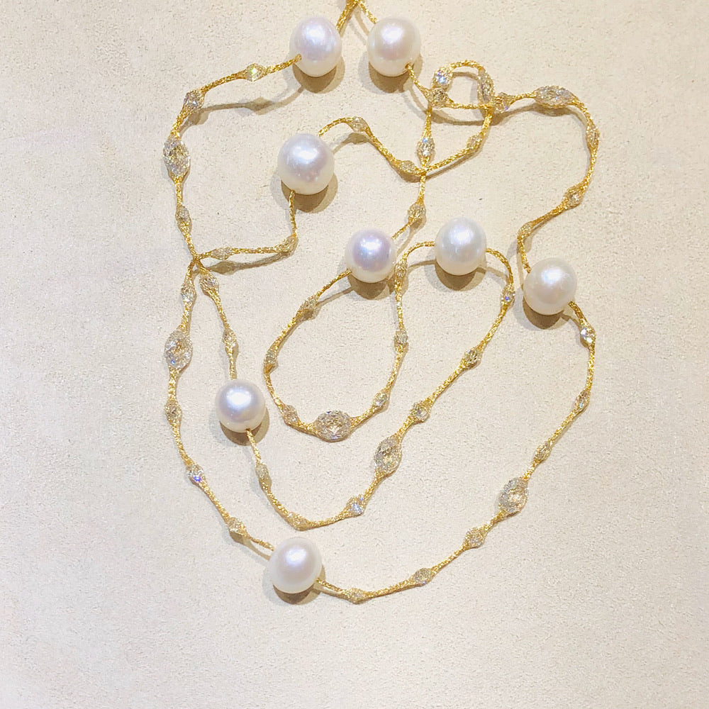Micheletto Yellow Gold Mesh Pearl Necklace 38”