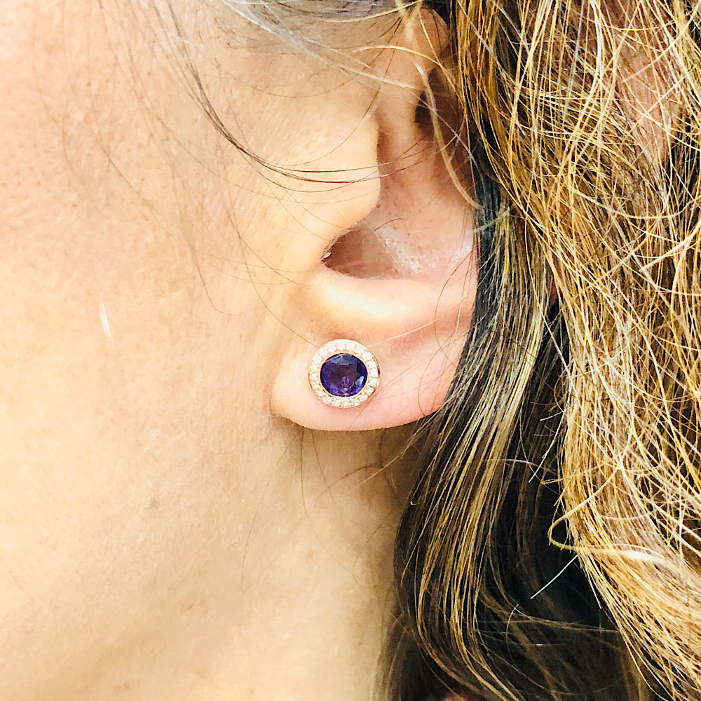 14Kt Rose Gold Amethyst and Diamond Stud Earrings