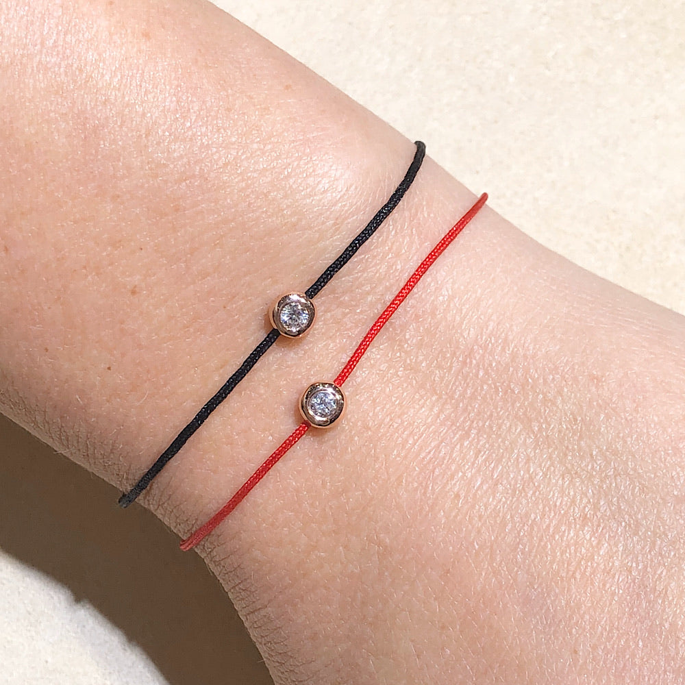 14kt gold Bezel Set Diamond Bracelet, Silk Cord