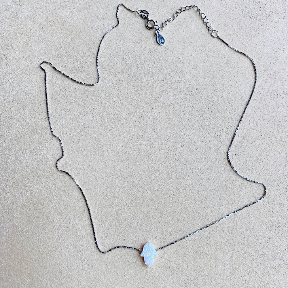 White Opal Hamsa Necklace with Silver Chain