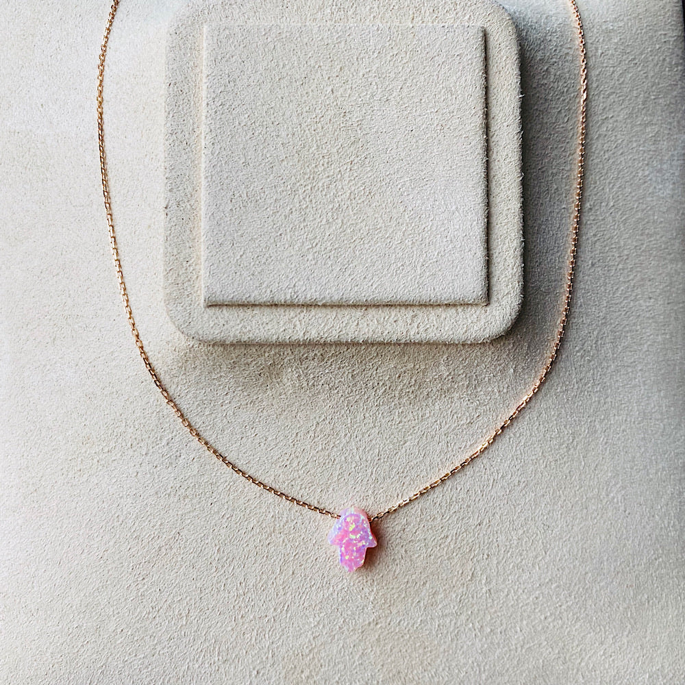 Pink Opal Hamsa Necklace With Rose Gold Plated Chain