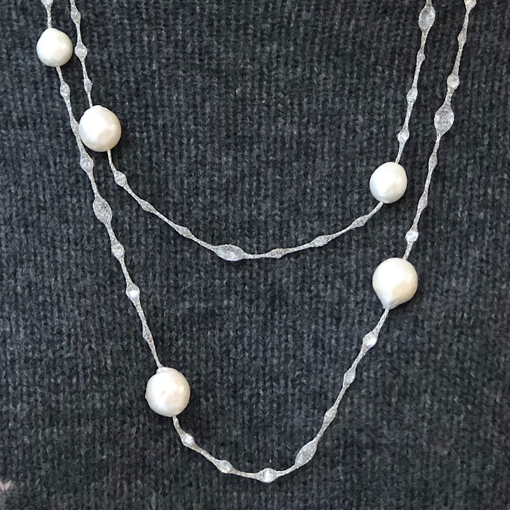 Micheletto Silver Mesh and Pearl Necklace 40”