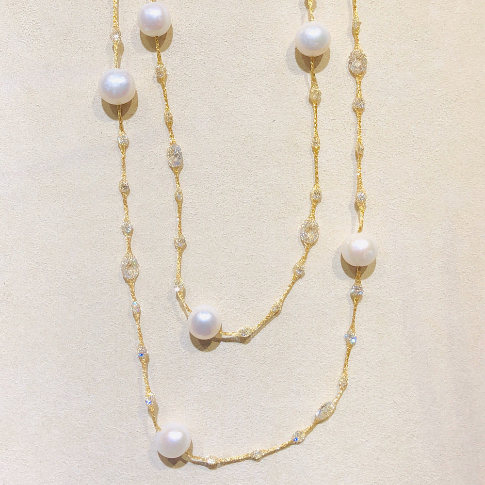 Micheletto Yellow Gold Mesh Pearl Necklace 38”