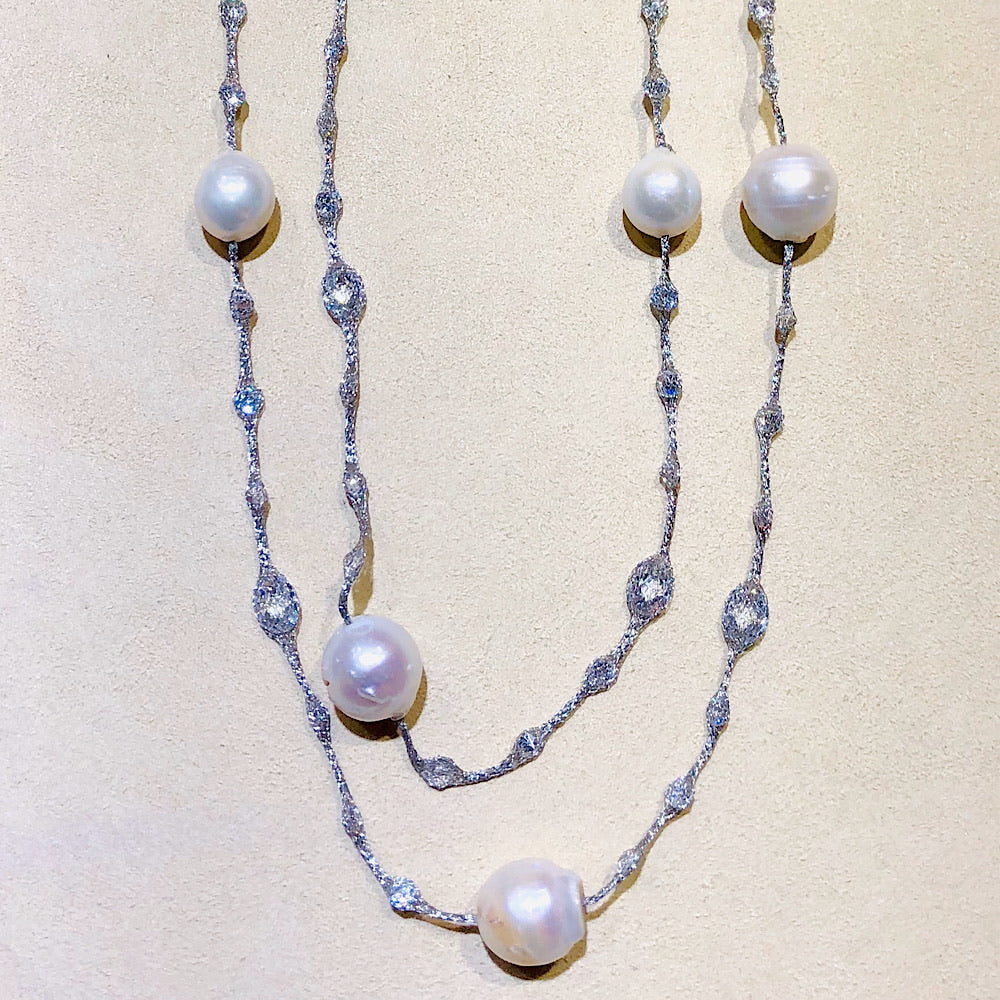 Micheletto Silver Mesh and Pearl Necklace 40”
