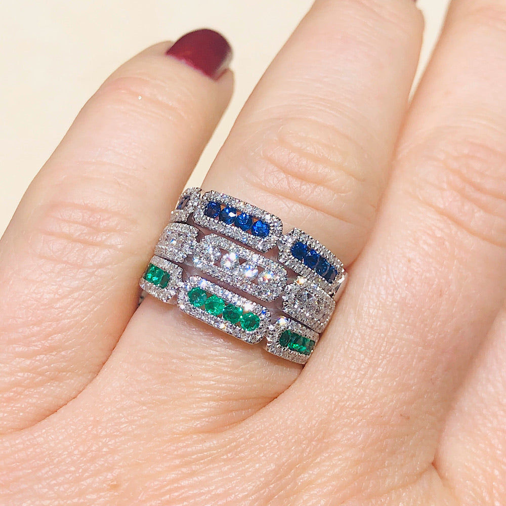 14Kt White Gold Emerald and Diamond Stackable Ring