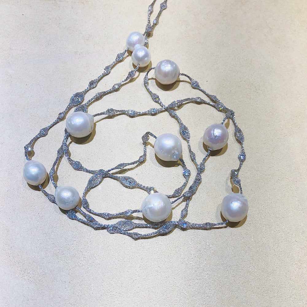 Micheletto Silver Mesh and Pearl Necklace 40”
