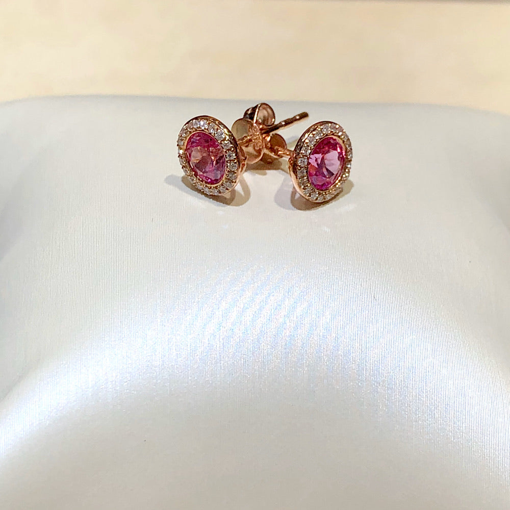 14Kt Rose Gold Pink Corundum and Diamond Studs