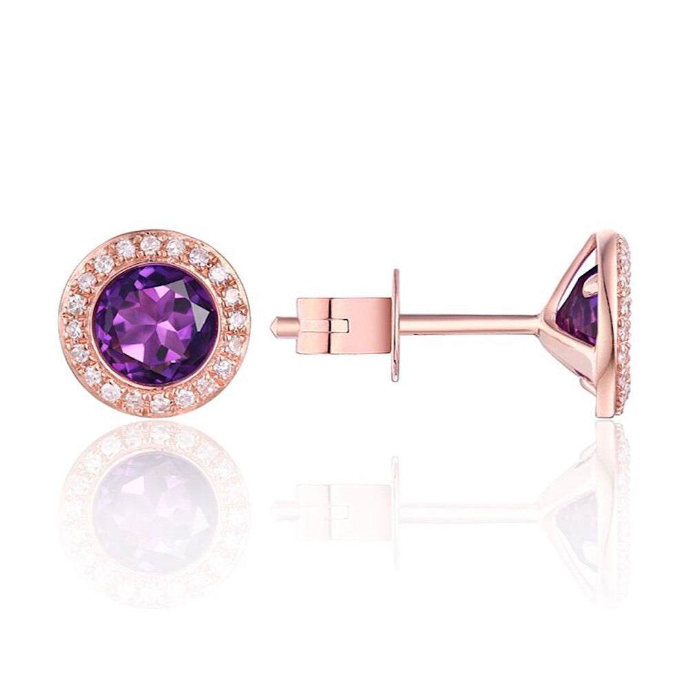 14Kt Rose Gold Amethyst and Diamond Stud Earrings