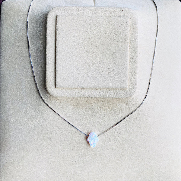 White Opal Hamsa Necklace with Silver Chain