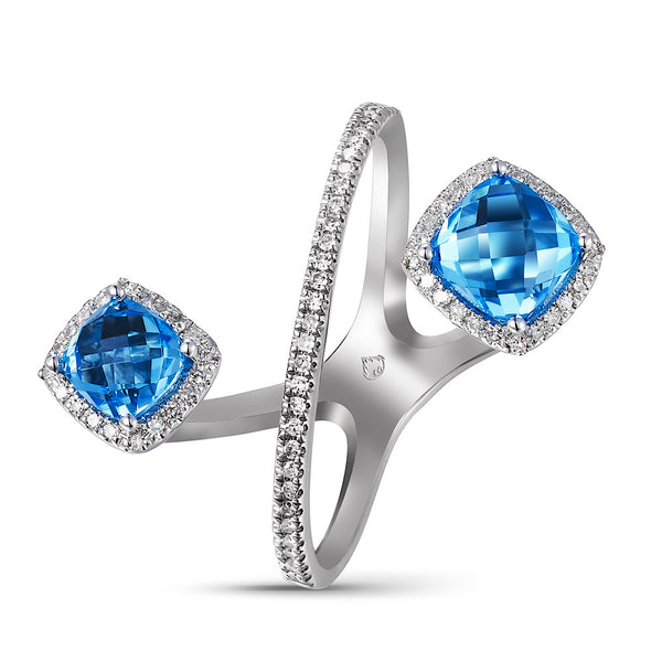 14Kt White Gold Blue Topaz and Diamond open crossover ring