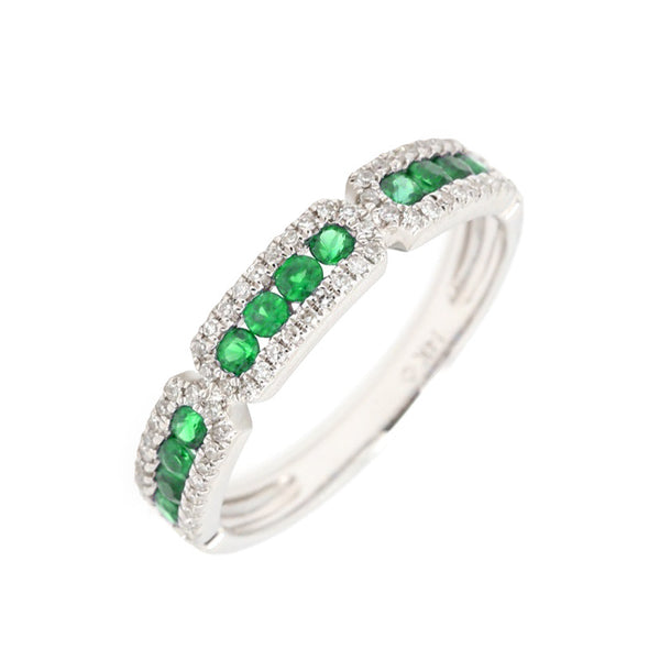 14Kt White Gold Emerald and Diamond Stackable Ring