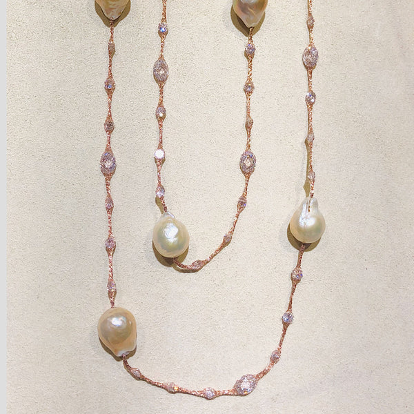 Micheletto Rose Gold Mesh Pearl Necklace 38”