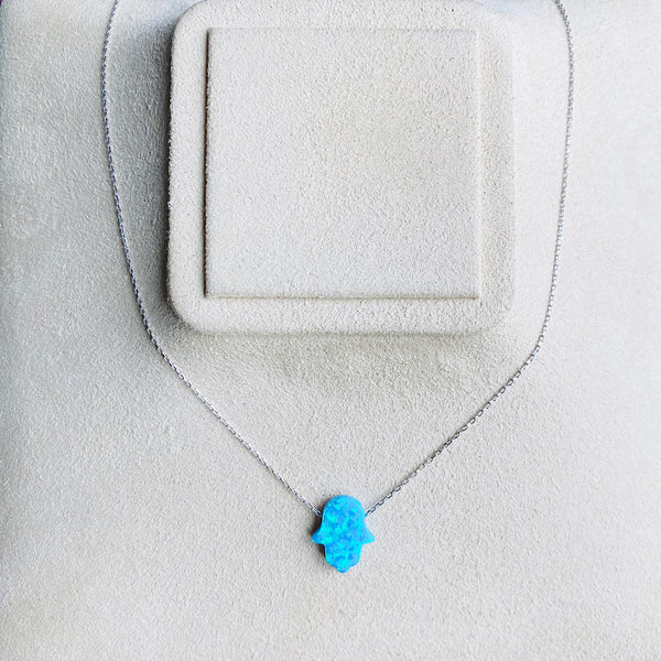 Blue Opal Hamsa Necklace With Silver Chain